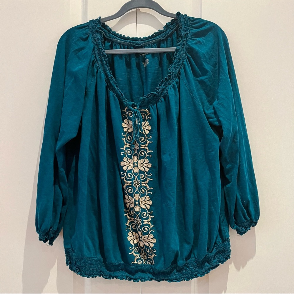 Teal elastic neck top